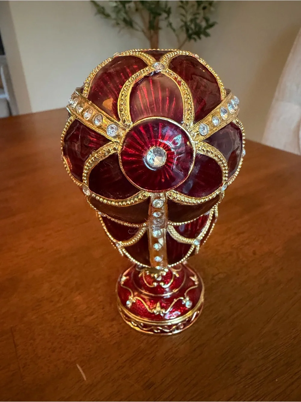 Russian-Styled Red Enamel Fabergé Decorative Egg Trinket Music Box